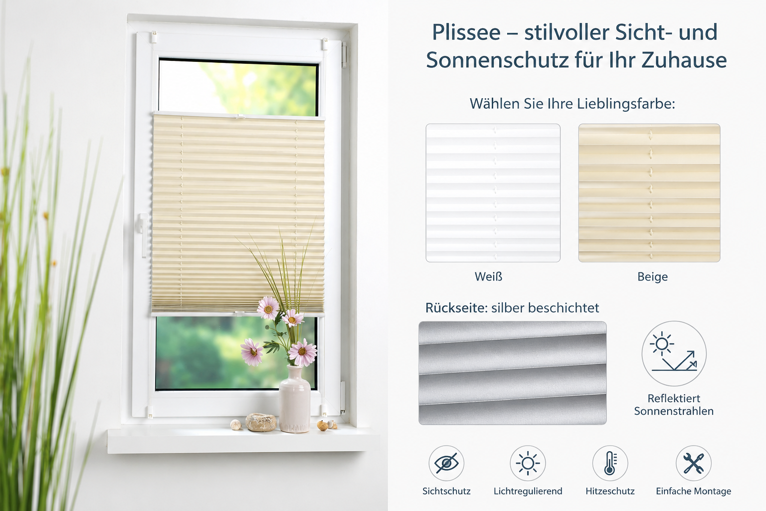 ourdeco® Klemmfix-Plissee | verdunkelnd | Thermo-Beschichtung | ohne Bohren | Metallklemmträger |verschieden Größen | weiß, beige