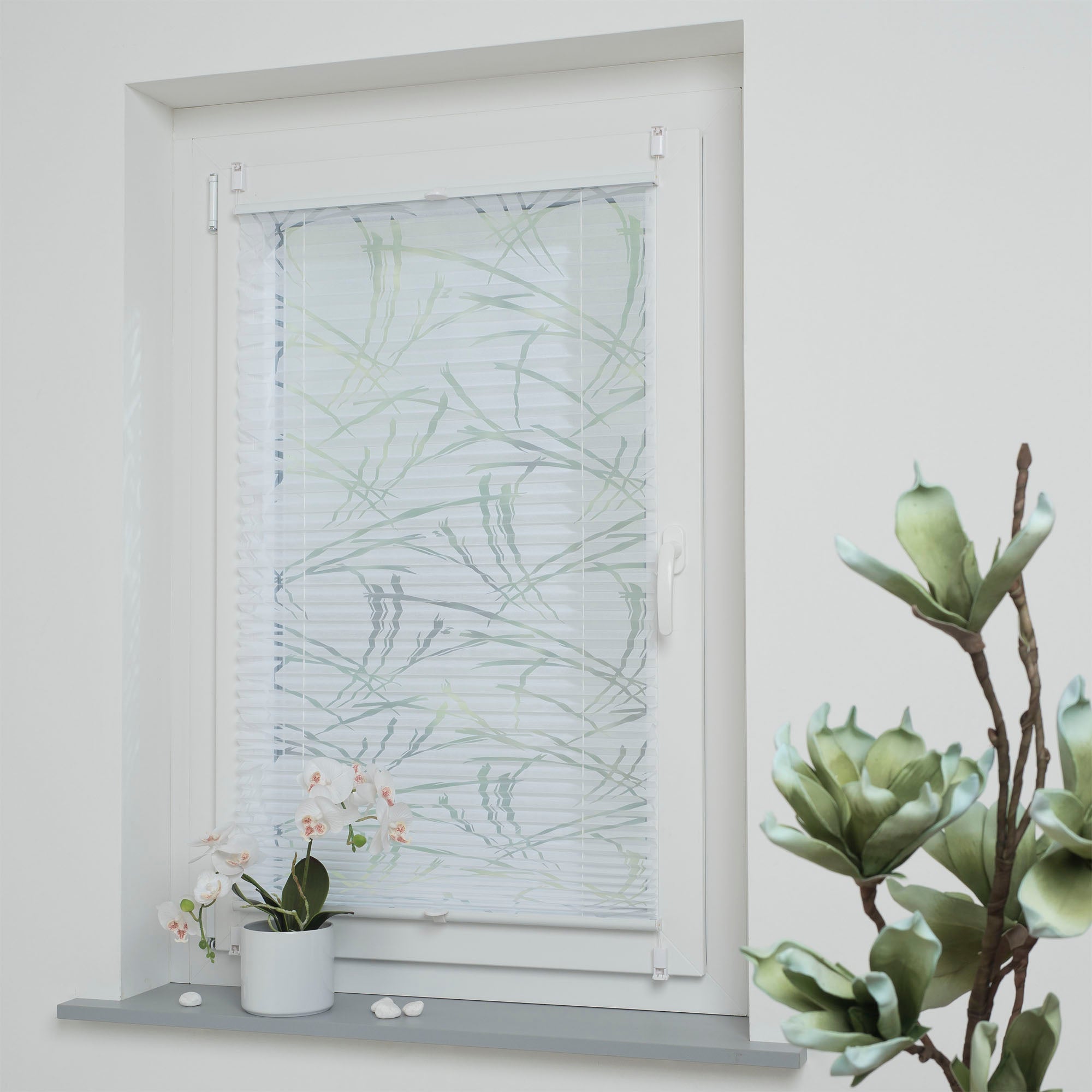ourdeco® Klemmfix Plissee Ausbrenner, dekorative, moderne Stile - Waitara, Blatt, Symphonie und Blume, Montage mit Klemmträgern ohne Bohren