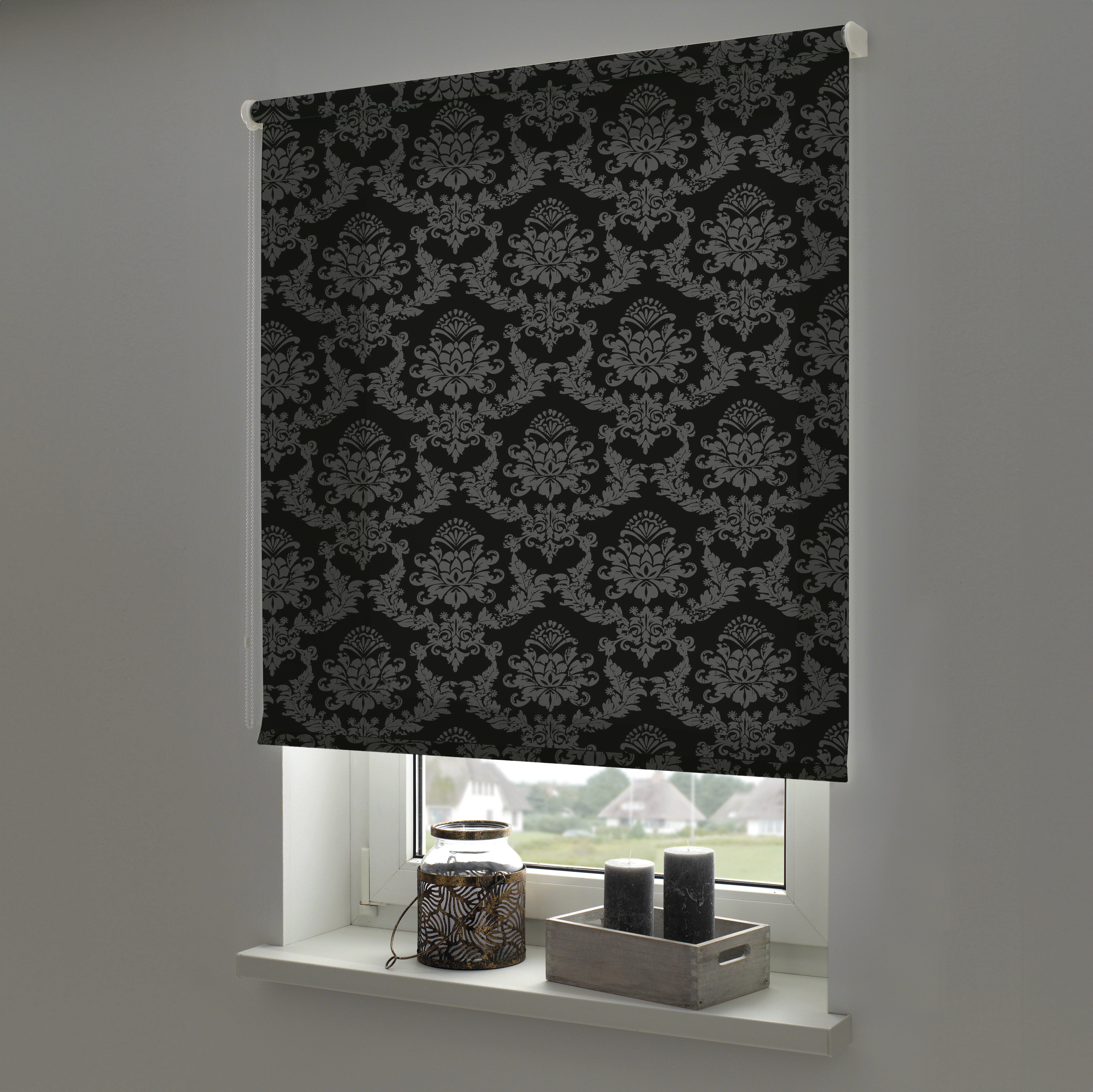 ourdeco® Seitenzugrollo Dekor | lichtdurchlässig | Druck Blätter , Ranke weiß/taupe, Ornament Ivory & Graphite