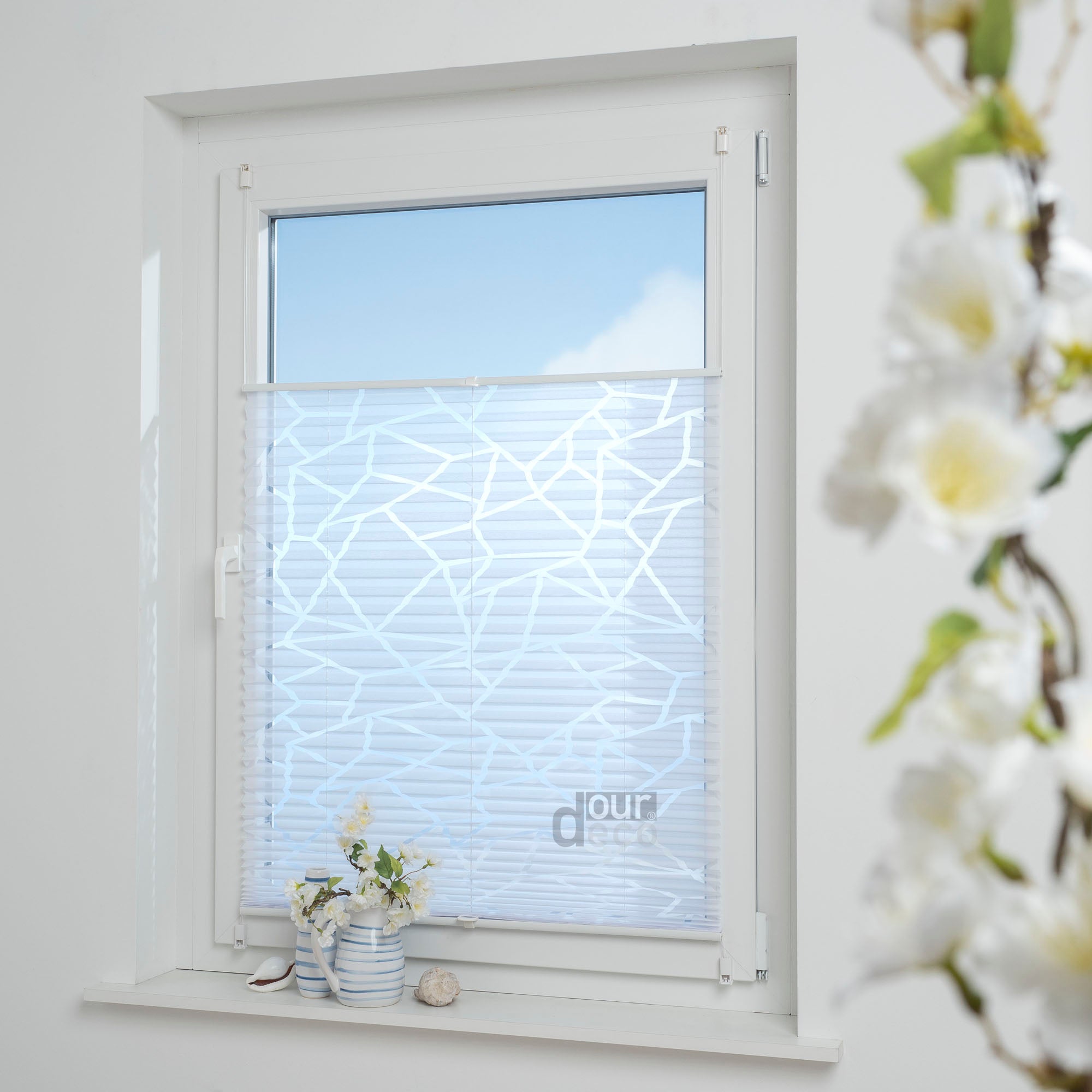 ourdeco® Klemmfix Plissee Ausbrenner, dekorative, moderne Stile - Waitara, Blatt, Symphonie und Blume, Montage mit Klemmträgern ohne Bohren