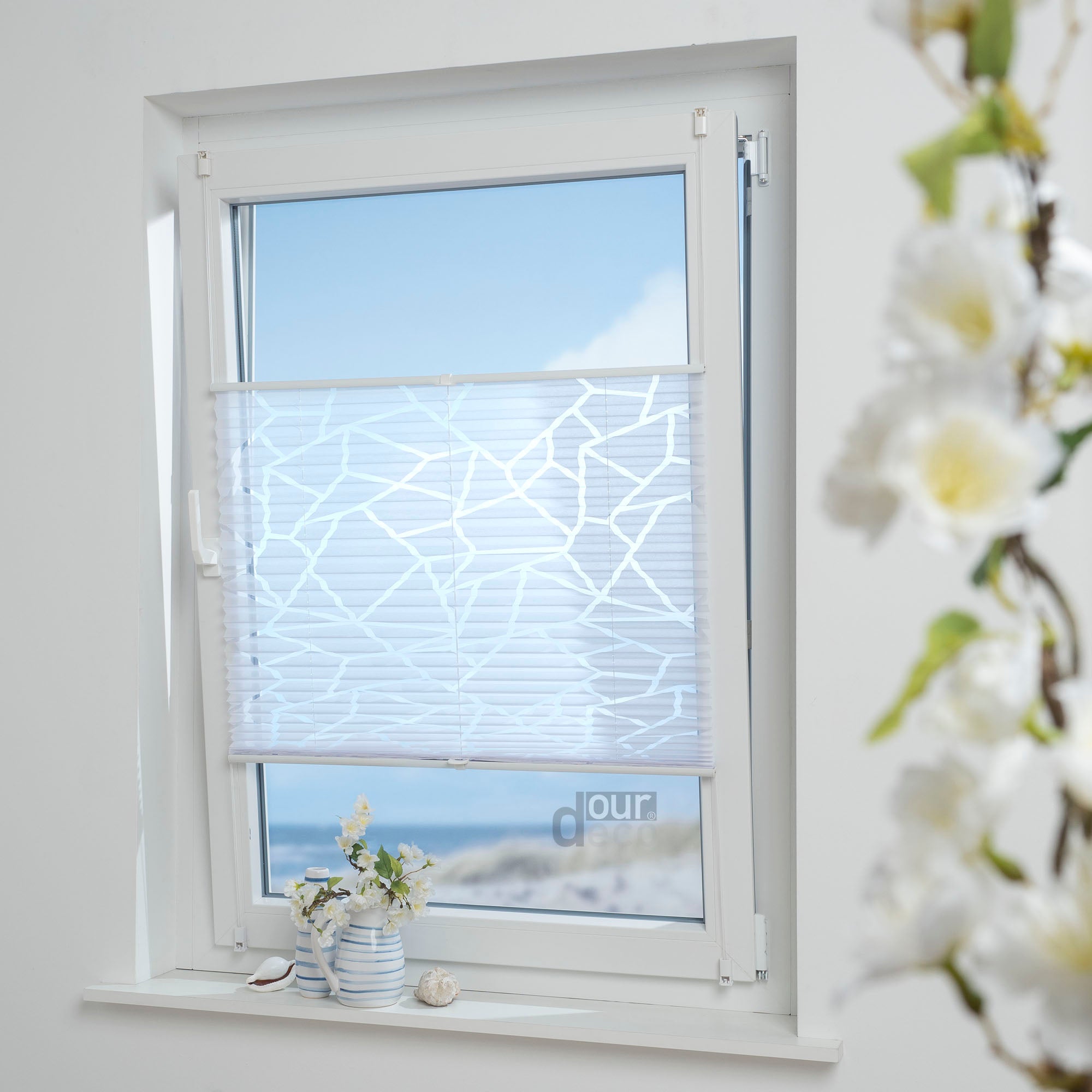 ourdeco® Klemmfix Plissee Ausbrenner, dekorative, moderne Stile - Waitara, Blatt, Symphonie und Blume, Montage mit Klemmträgern ohne Bohren