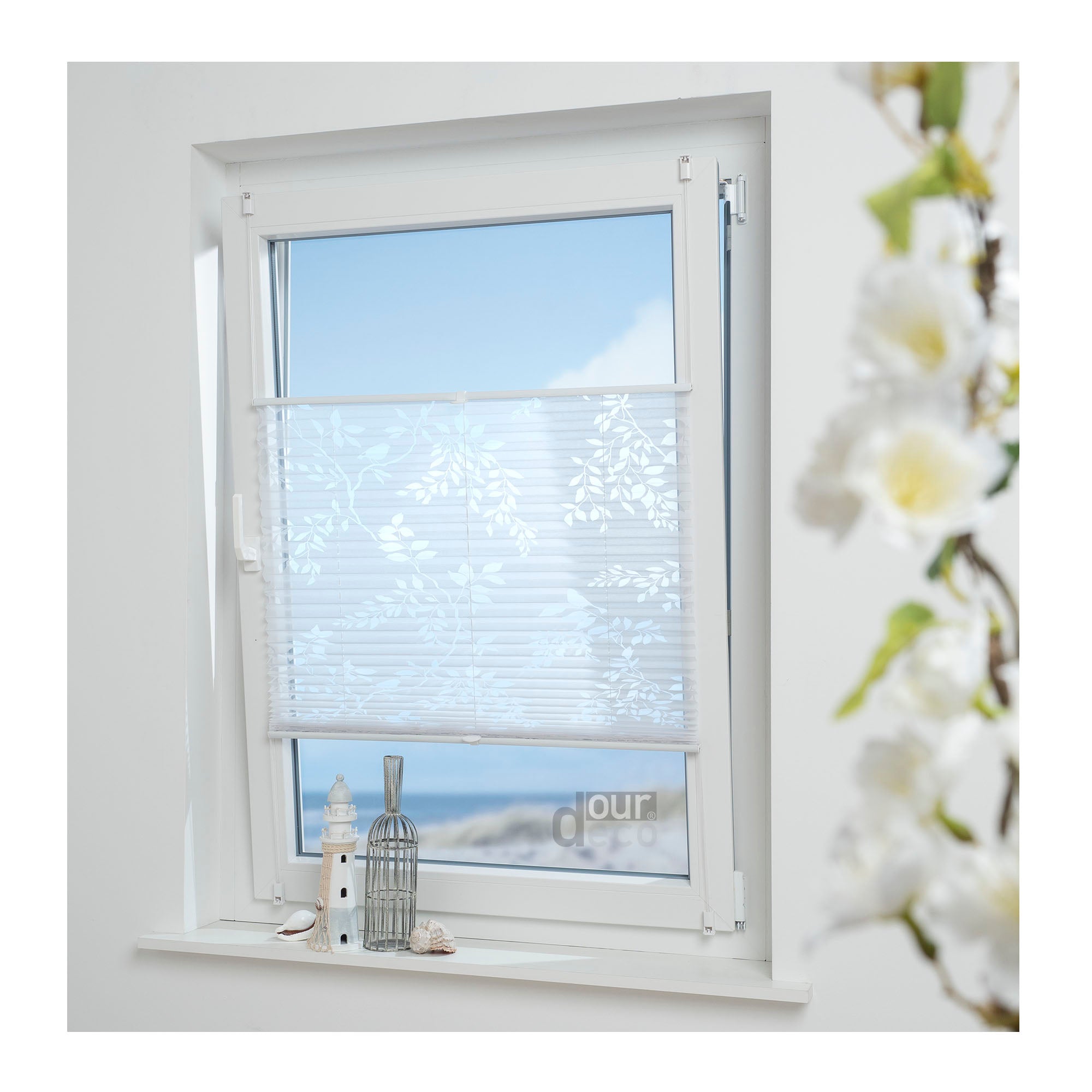 ourdeco® Klemmfix Plissee Ausbrenner, dekorative, moderne Stile - Waitara, Blatt, Symphonie und Blume, Montage mit Klemmträgern ohne Bohren