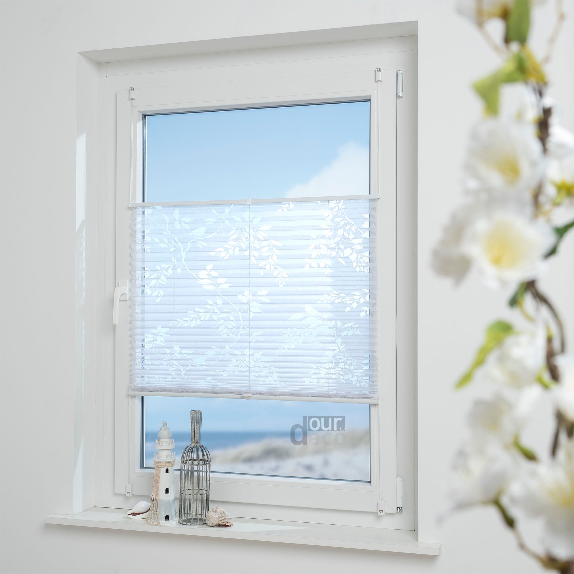 ourdeco® Klemmfix Plissee Ausbrenner, dekorative, moderne Stile - Waitara, Blatt, Symphonie und Blume, Montage mit Klemmträgern ohne Bohren