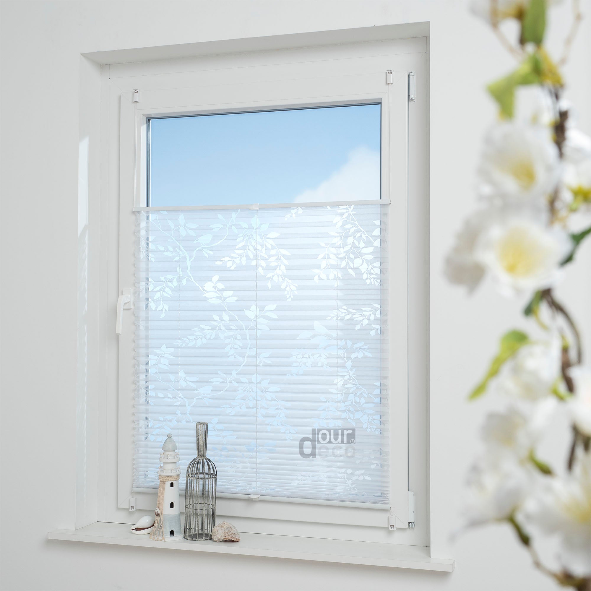 ourdeco® Klemmfix Plissee Ausbrenner, dekorative, moderne Stile - Waitara, Blatt, Symphonie und Blume, Montage mit Klemmträgern ohne Bohren