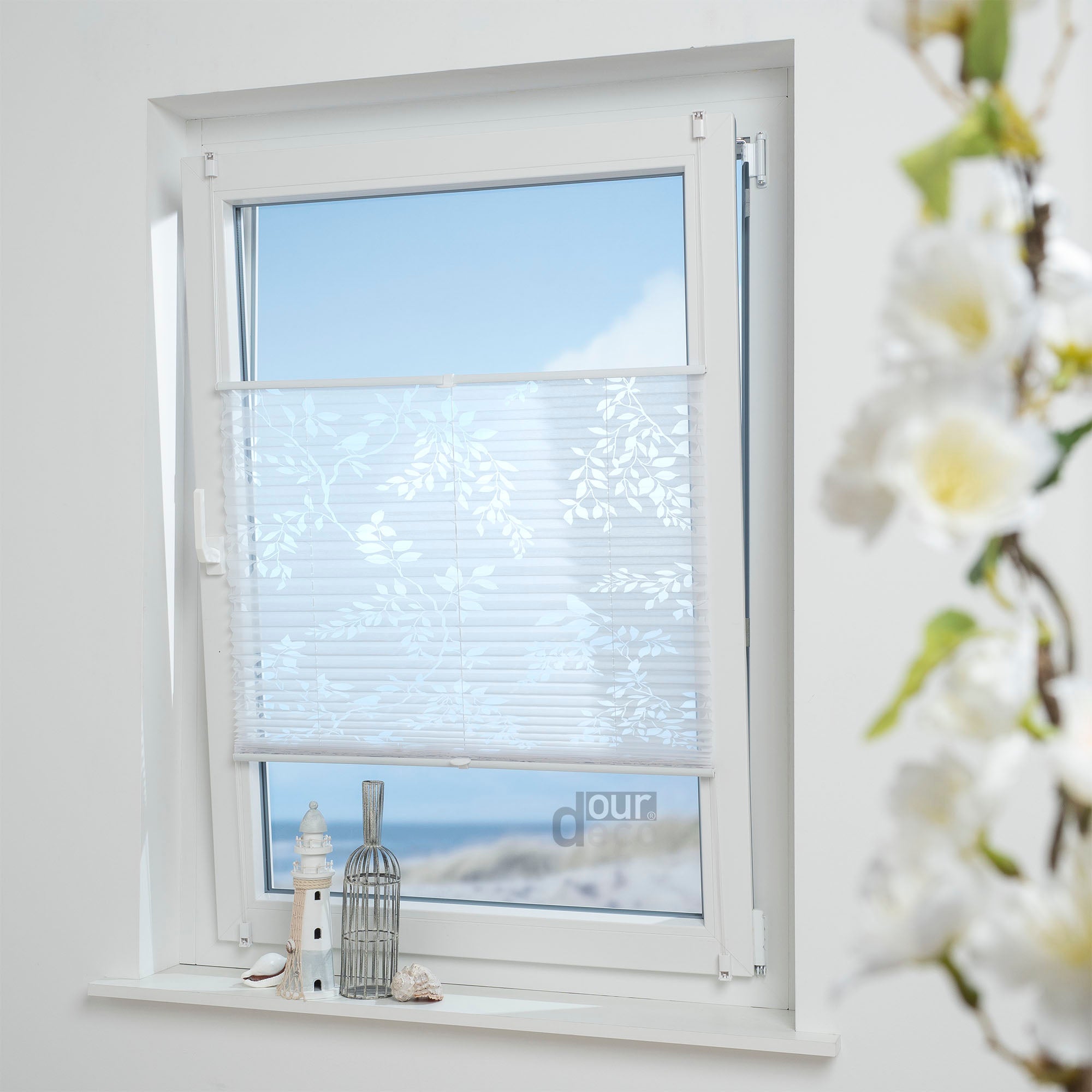 ourdeco® Klemmfix Plissee Ausbrenner, dekorative, moderne Stile - Waitara, Blatt, Symphonie und Blume, Montage mit Klemmträgern ohne Bohren