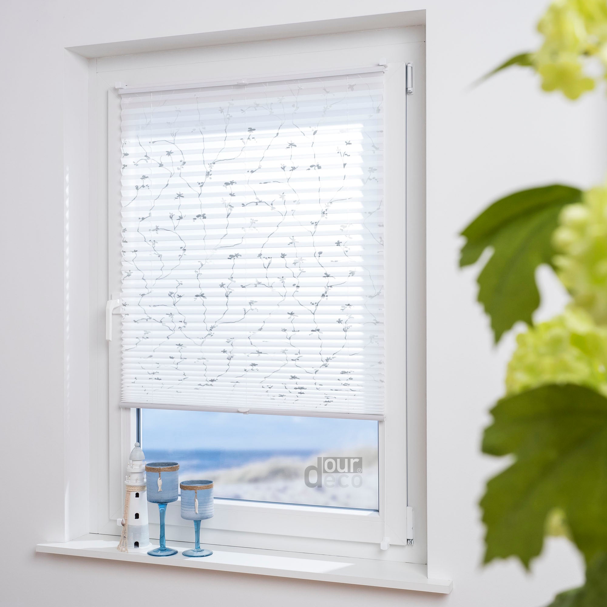 ourdeco® Klemmfix Plissee ohne Bohren für Fenster oder Türen Druckmotiv Ranke weiß | grau