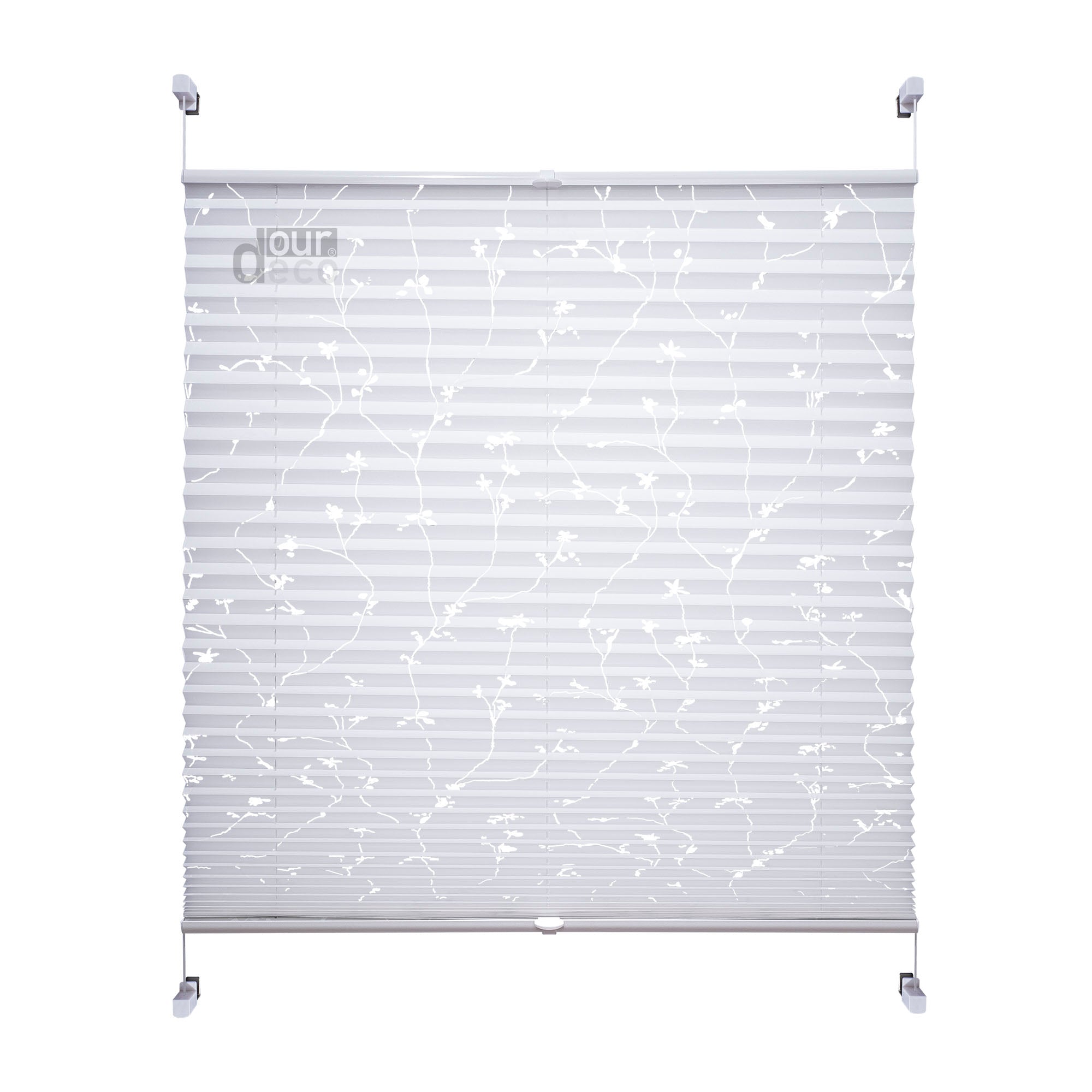 ourdeco® Klemmfix Plissee ohne Bohren für Fenster oder Türen Druckmotiv Ranke weiß | grau