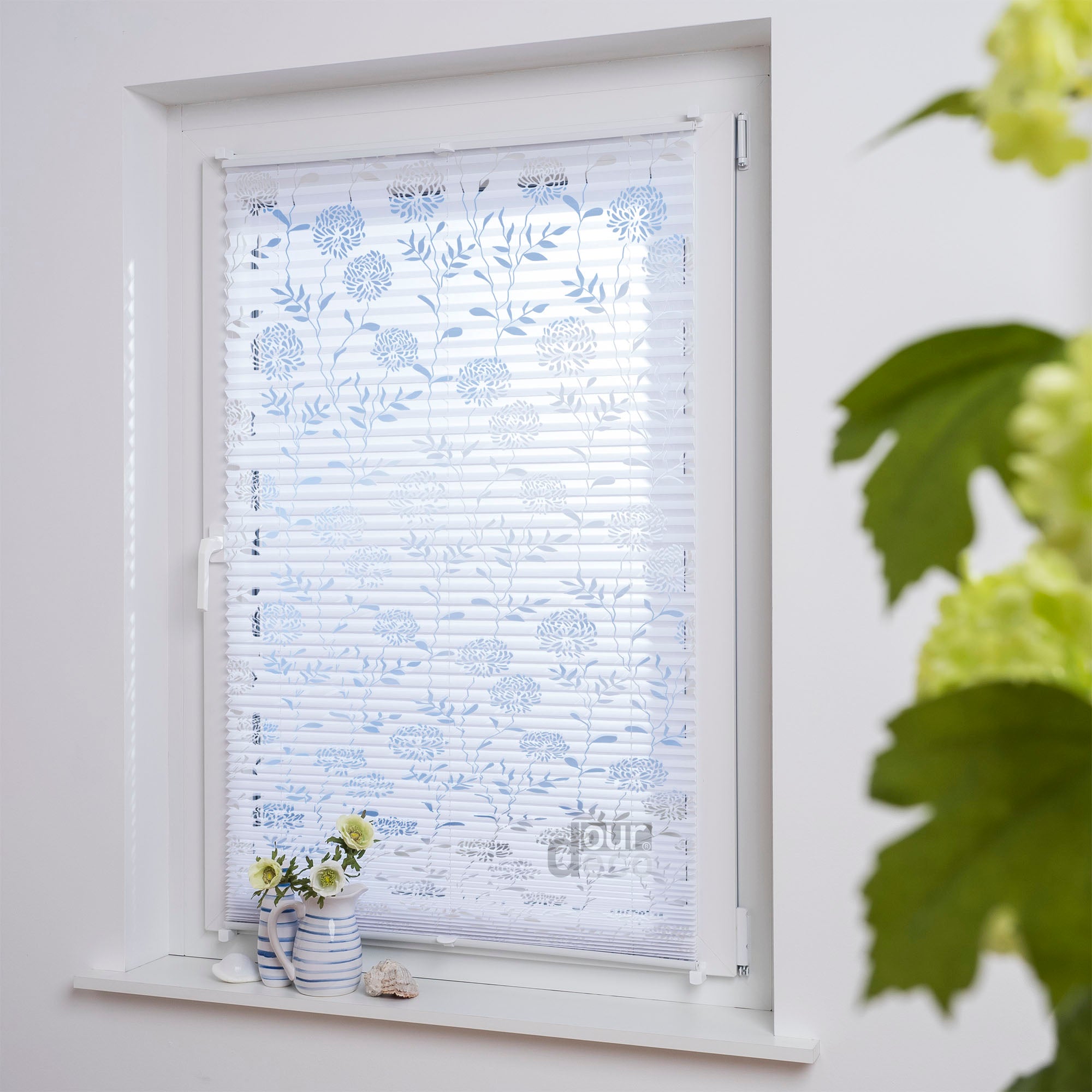 ourdeco® Klemmfix Plissee Ausbrenner, dekorative, moderne Stile - Waitara, Blatt, Symphonie und Blume, Montage mit Klemmträgern ohne Bohren