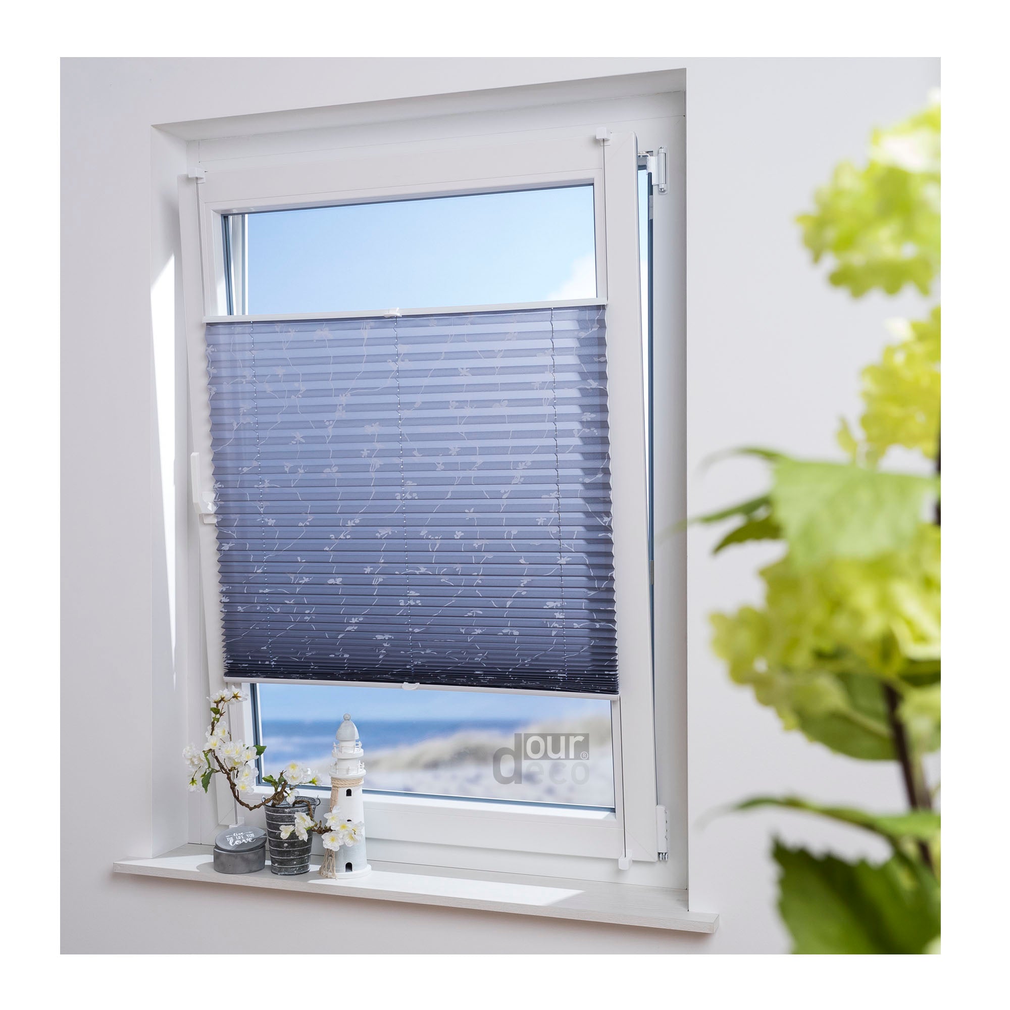 ourdeco® Klemmfix Plissee ohne Bohren für Fenster oder Türen Druckmotiv Ranke weiß | grau