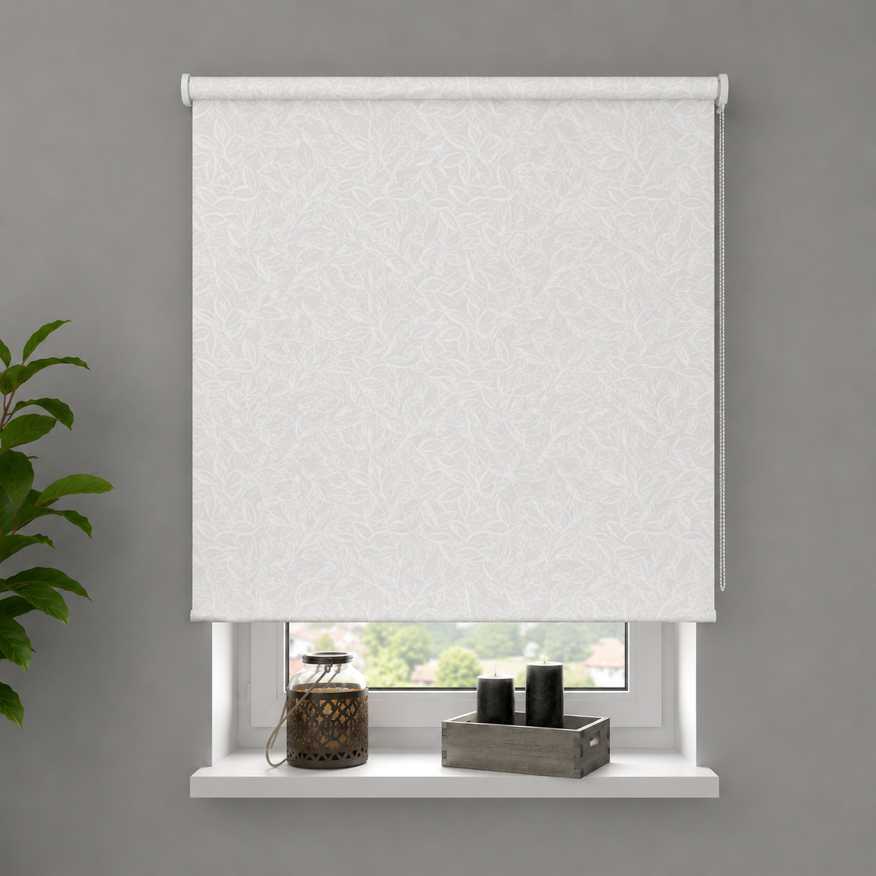 ourdeco® Seitenzugrollo Dekor | lichtdurchlässig | Druck Blätter , Ranke weiß/taupe, Ornament Ivory & Graphite