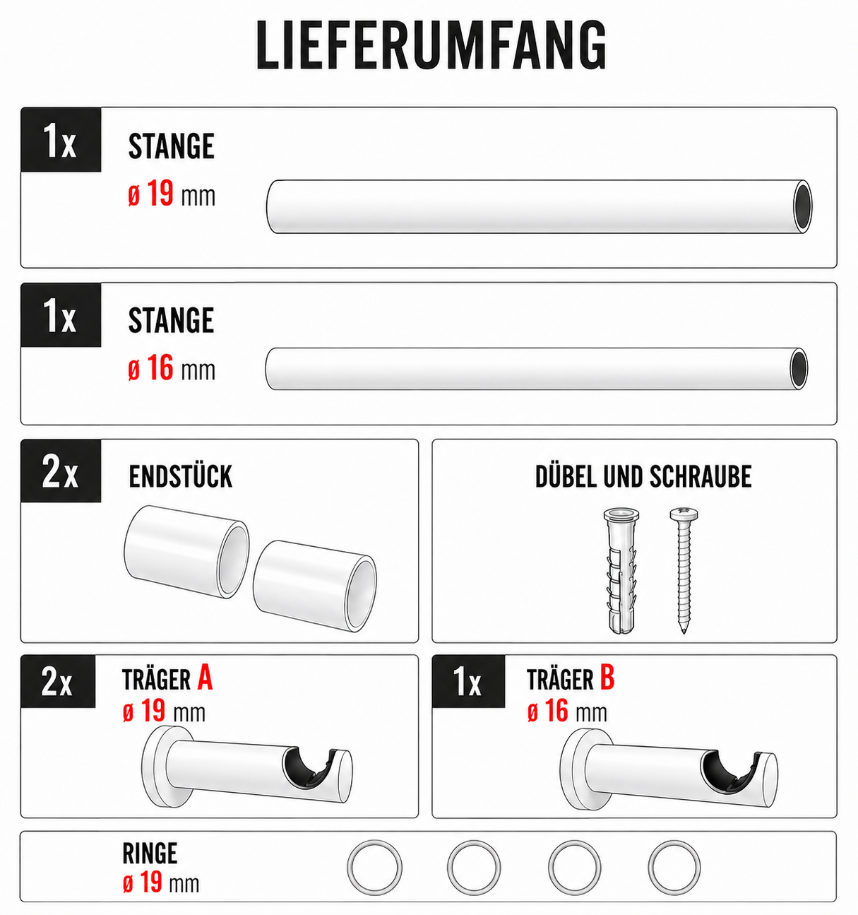 ourdeco® Fertiggarnitur Zylinder Set | ausziehbar | Ø 16/19 mm | verschiedene Größen und Farben
