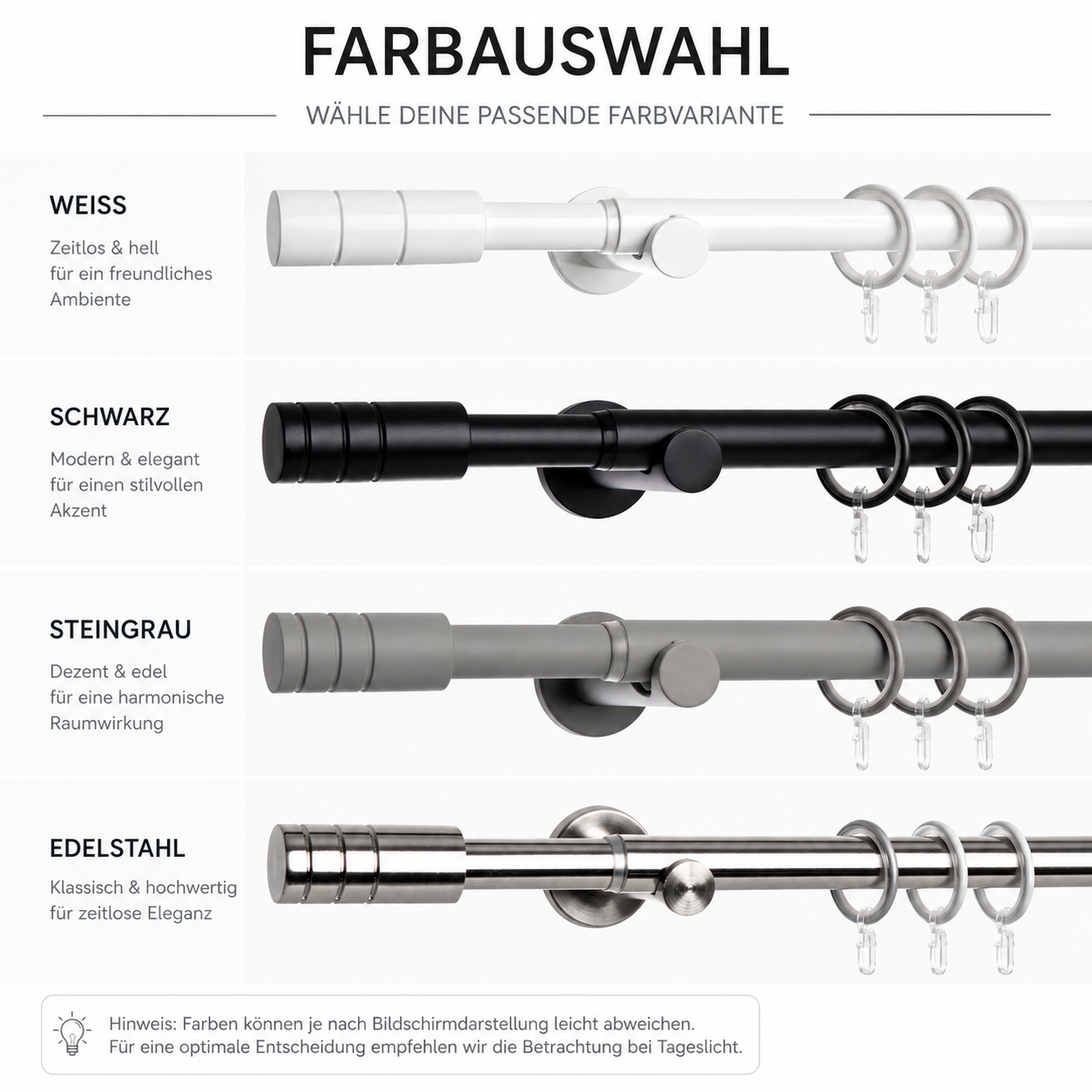 ourdeco® Fertiggarnitur Zylinder Set | ausziehbar | Ø 16/19 mm | verschiedene Größen und Farben
