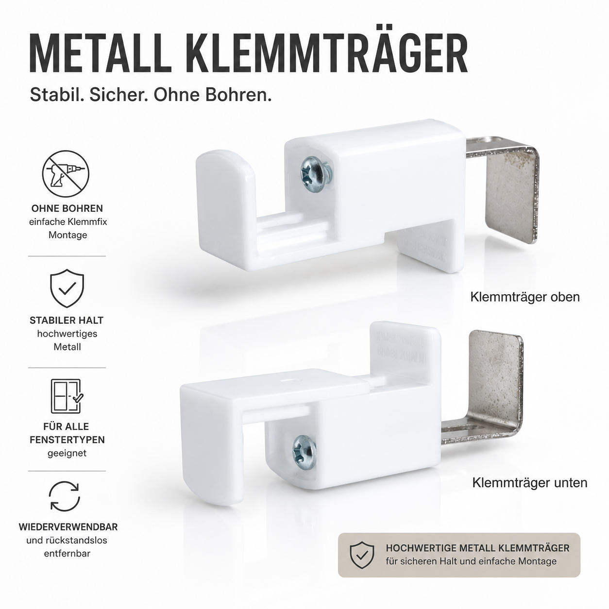 ourdeco® Metall Klemmträger für Plissee | Set 4 Stück | weiß