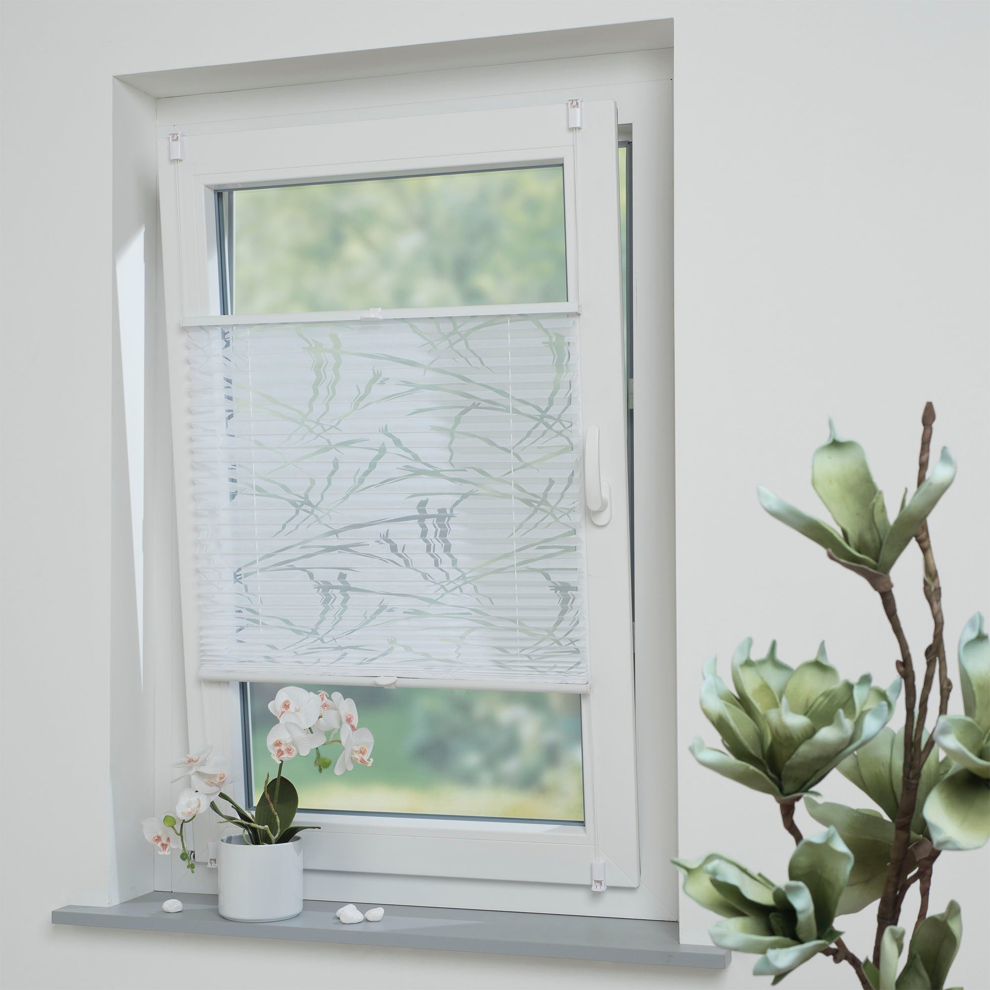 ourdeco® Klemmfix Plissee Ausbrenner, dekorative, moderne Stile - Waitara, Blatt, Symphonie und Blume, Montage mit Klemmträgern ohne Bohren