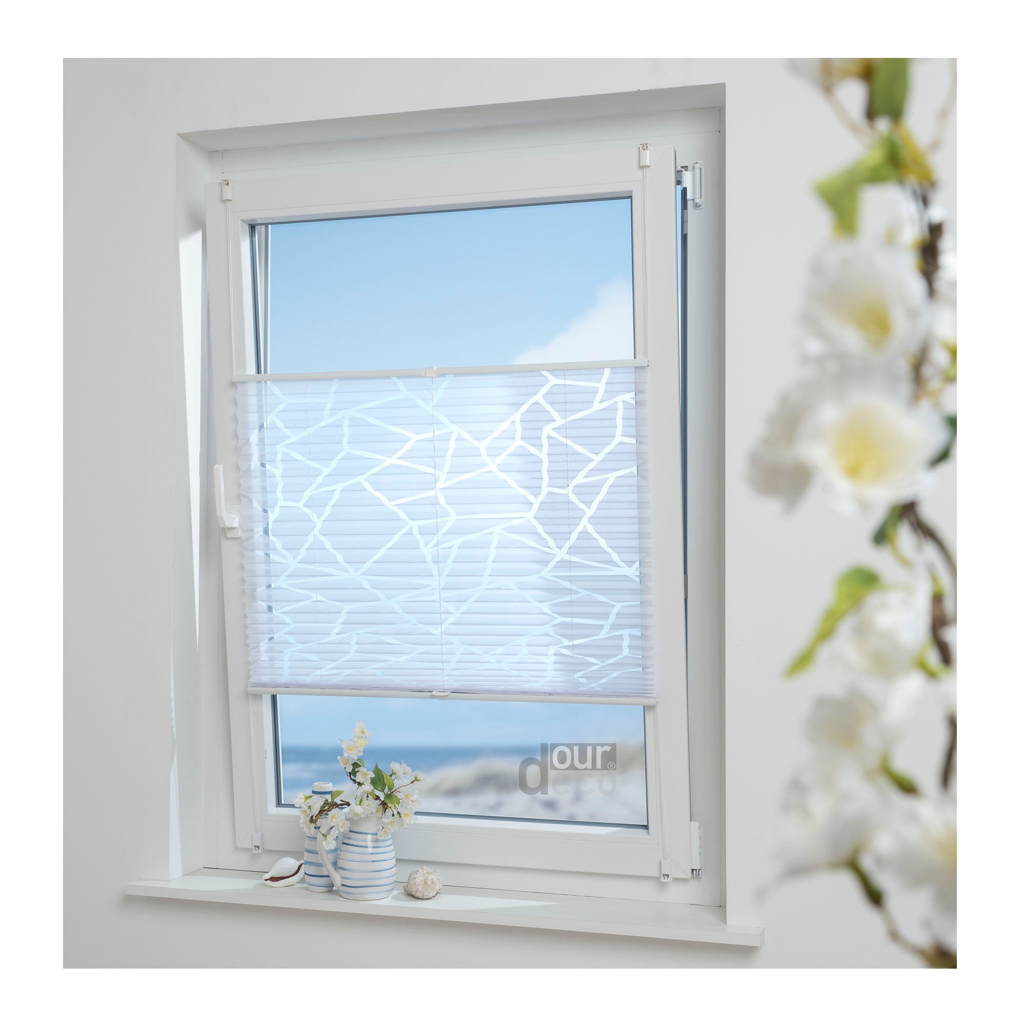 ourdeco® Klemmfix Plissee Ausbrenner, dekorative, moderne Stile - Waitara, Blatt, Symphonie und Blume, Montage mit Klemmträgern ohne Bohren