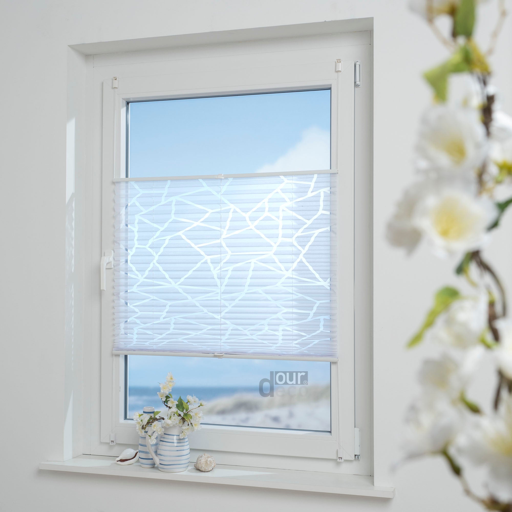 ourdeco® Klemmfix Plissee Ausbrenner, dekorative, moderne Stile - Waitara, Blatt, Symphonie und Blume, Montage mit Klemmträgern ohne Bohren