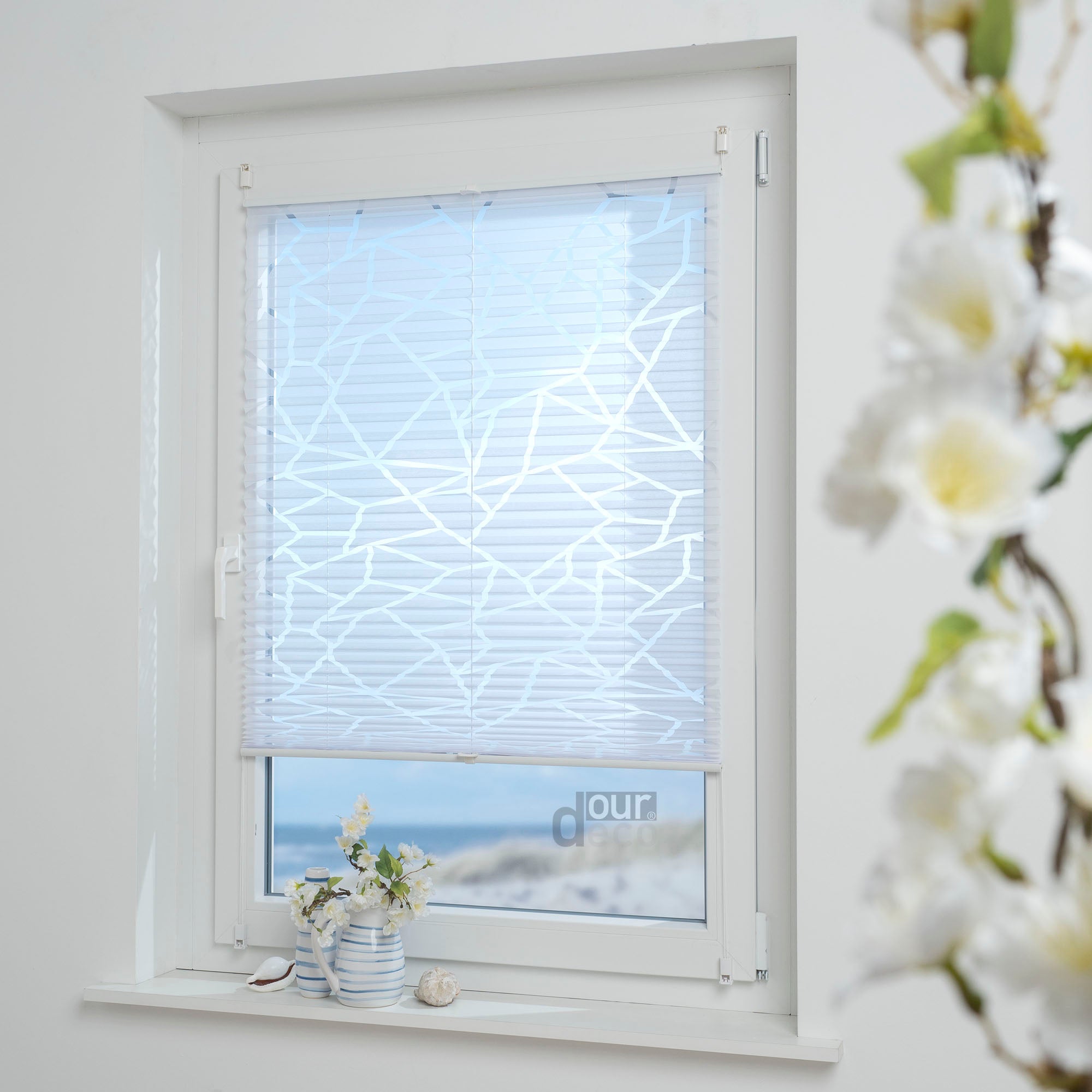 ourdeco® Klemmfix Plissee Ausbrenner, dekorative, moderne Stile - Waitara, Blatt, Symphonie und Blume, Montage mit Klemmträgern ohne Bohren