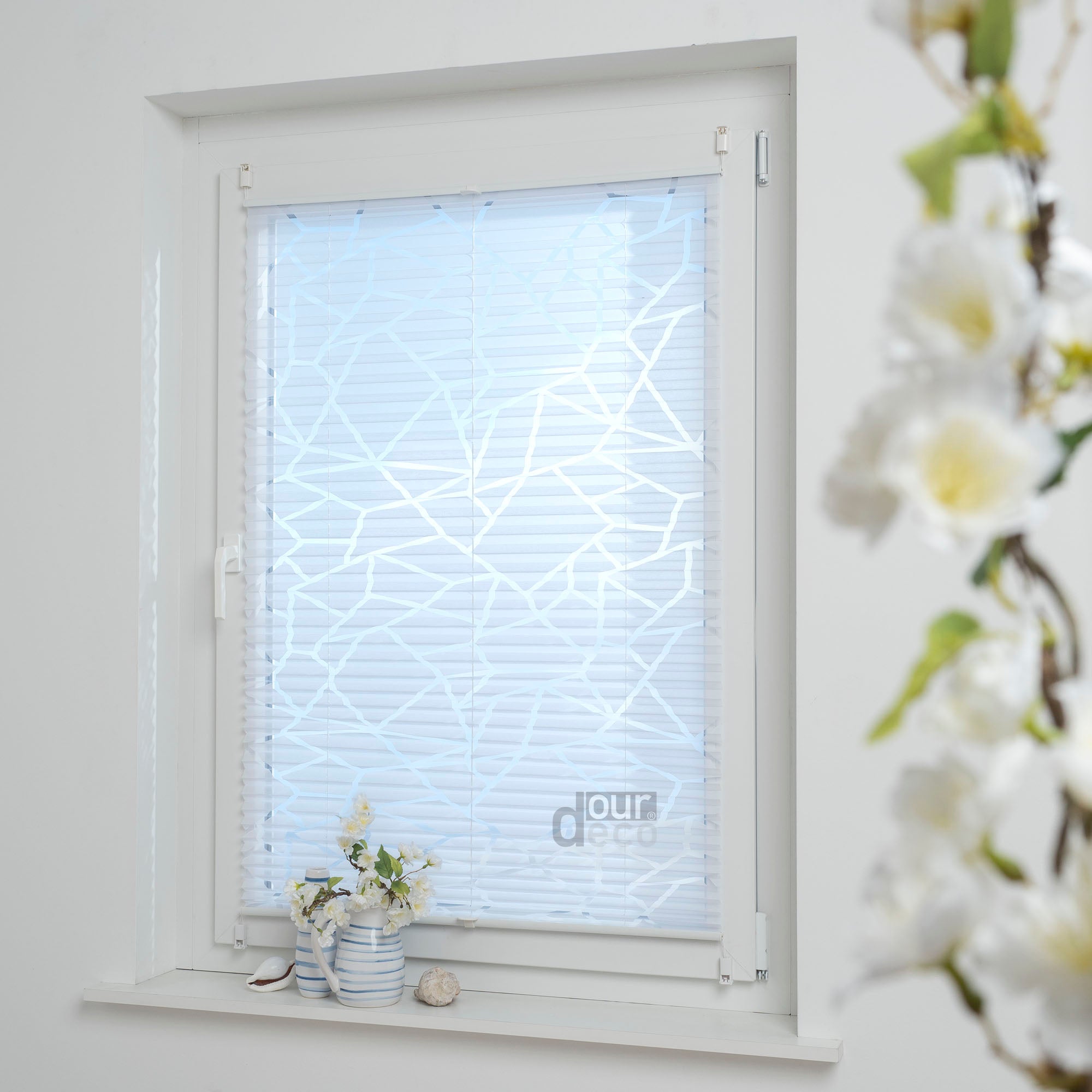 ourdeco® Klemmfix Plissee Ausbrenner, dekorative, moderne Stile - Waitara, Blatt, Symphonie und Blume, Montage mit Klemmträgern ohne Bohren