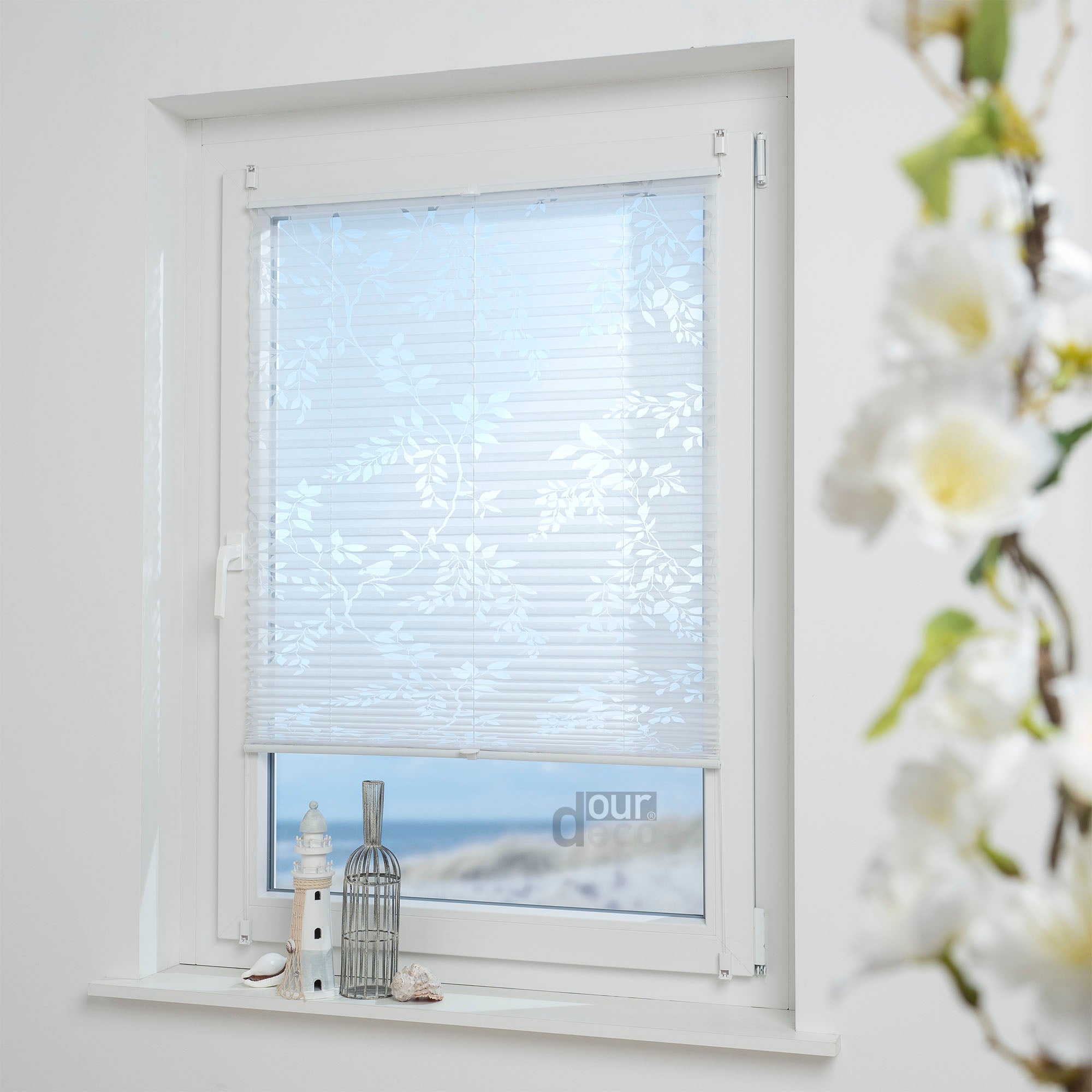 ourdeco® Klemmfix Plissee Ausbrenner, dekorative, moderne Stile - Waitara, Blatt, Symphonie und Blume, Montage mit Klemmträgern ohne Bohren