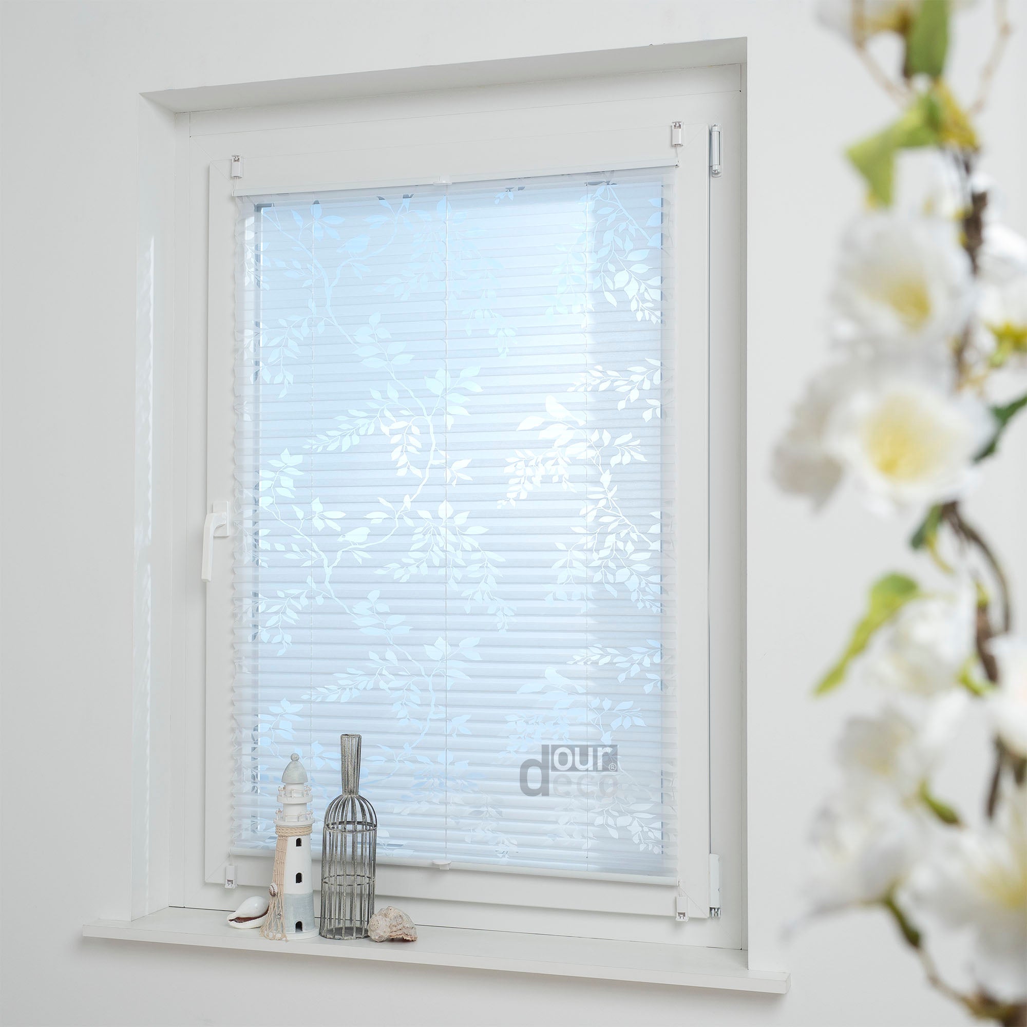 ourdeco® Klemmfix Plissee Ausbrenner, dekorative, moderne Stile - Waitara, Blatt, Symphonie und Blume, Montage mit Klemmträgern ohne Bohren