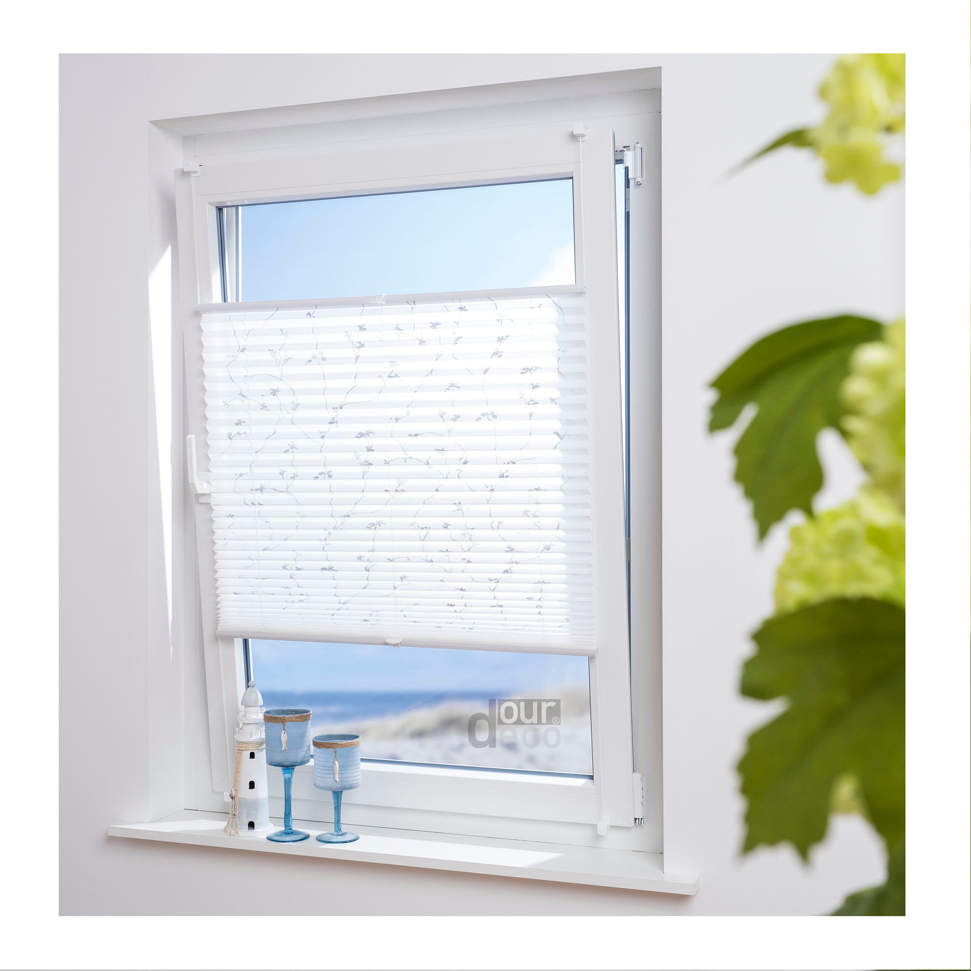ourdeco® Klemmfix Plissee ohne Bohren für Fenster  oder Türen Druckmotiv Ranke weiß | grau