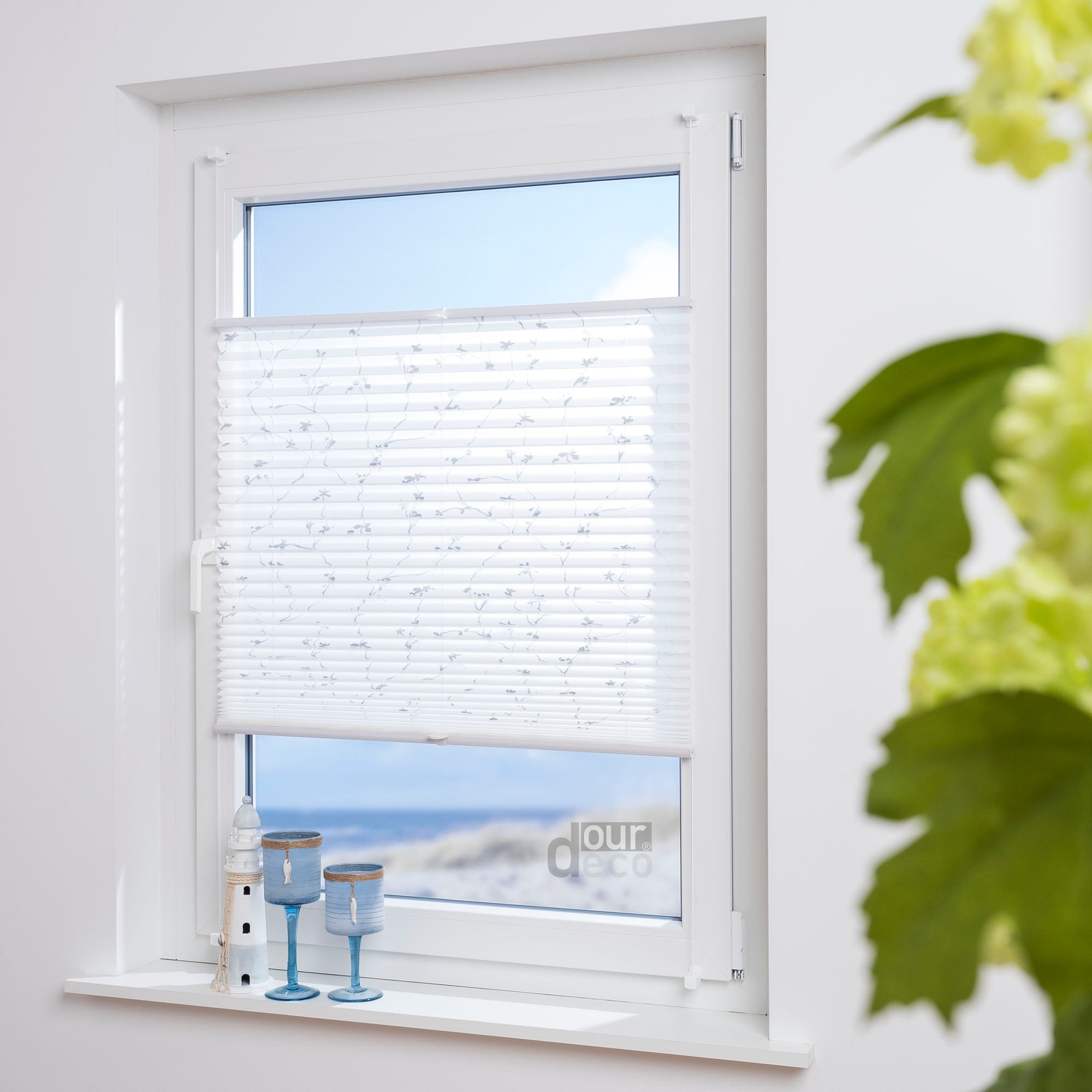 ourdeco® Klemmfix Plissee ohne Bohren für Fenster  oder Türen Druckmotiv Ranke weiß | grau