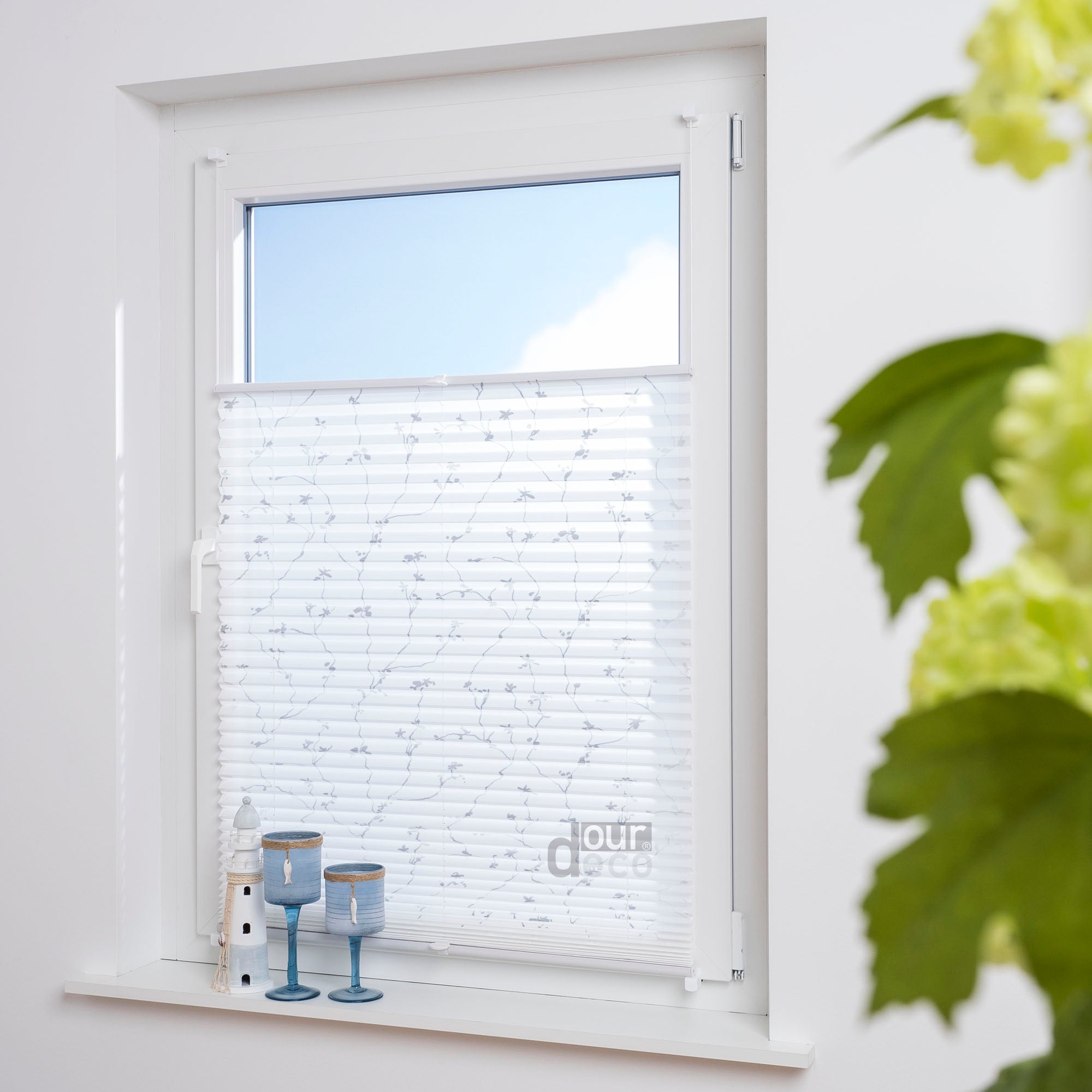 ourdeco® Klemmfix Plissee ohne Bohren für Fenster  oder Türen Druckmotiv Ranke weiß | grau