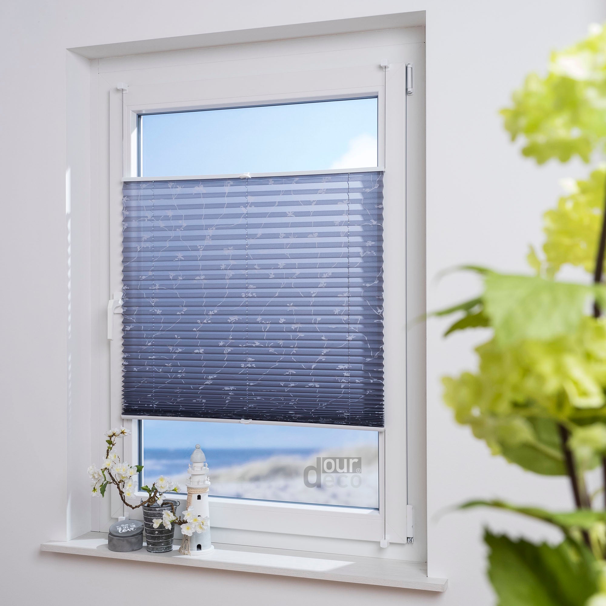 ourdeco® Klemmfix Plissee ohne Bohren für Fenster  oder Türen Druckmotiv Ranke weiß | grau