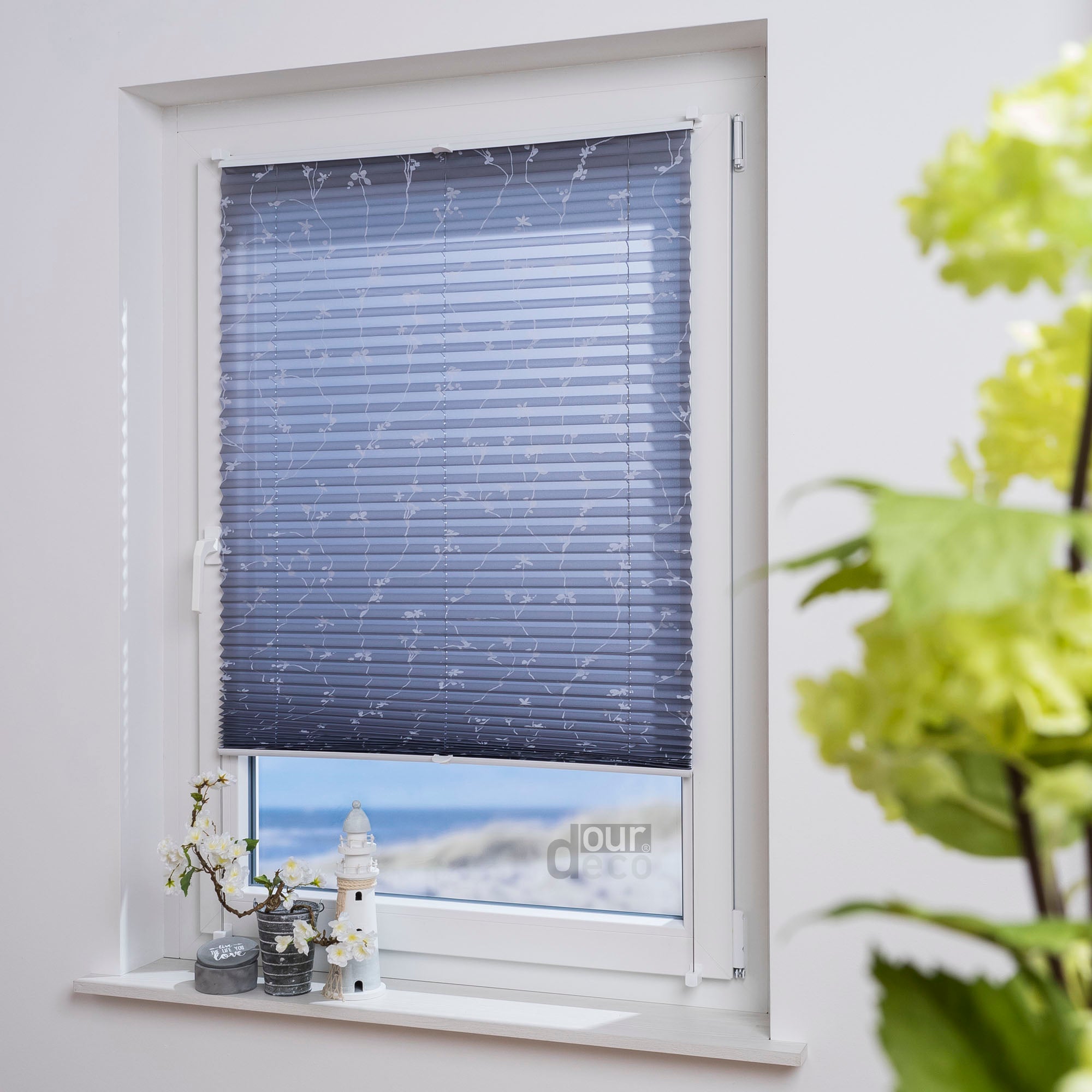 ourdeco® Klemmfix Plissee ohne Bohren für Fenster  oder Türen Druckmotiv Ranke weiß | grau