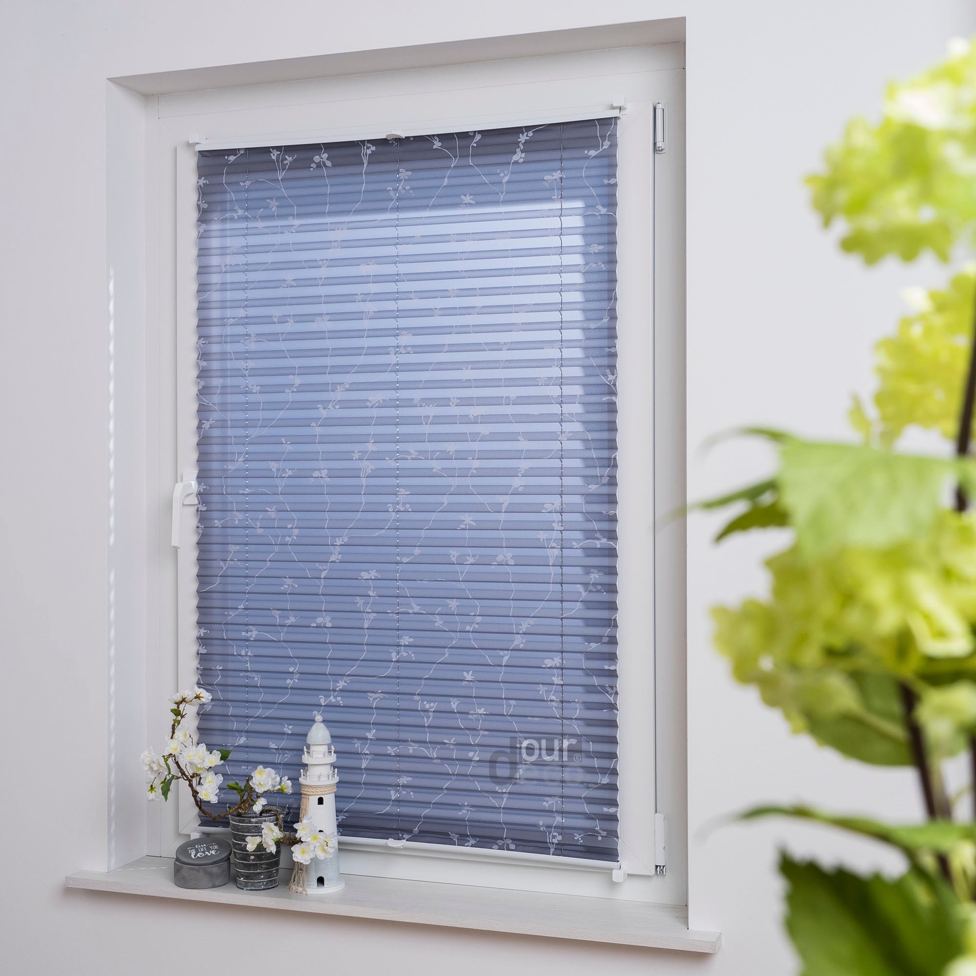 ourdeco® Klemmfix Plissee ohne Bohren für Fenster  oder Türen Druckmotiv Ranke weiß | grau